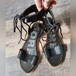 Sorel Ella Ankle Lace Sandals Black & Metallic Leather Women's Size 12